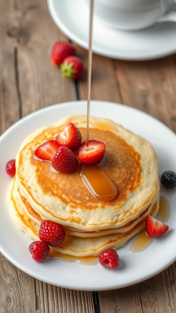 A golden pancake topped with strawberries and syrup on a rustic wooden table.
